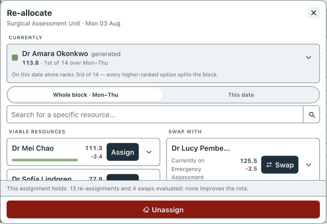 The re-allocate popover explaining why an assignment holds